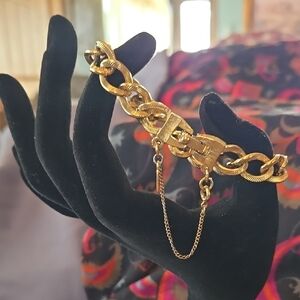 Monet vintage gold tone, chunky textured link bracelet with safety chain